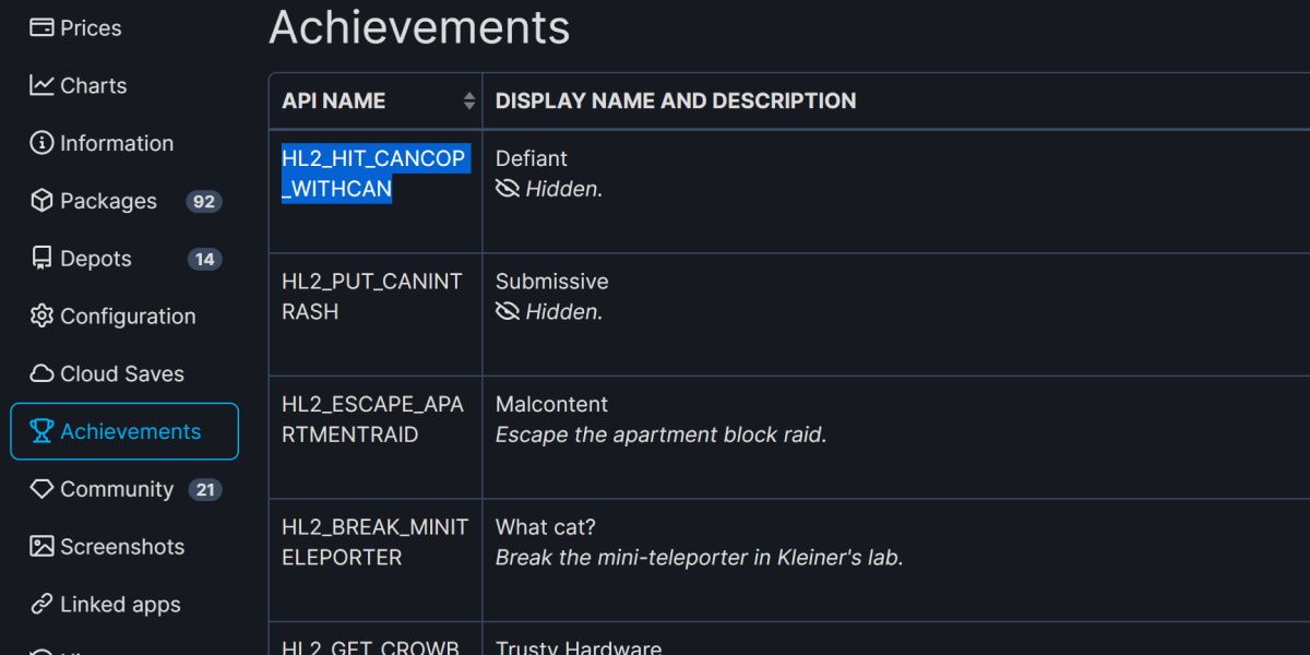 screenshot of half life 2 achievements in steam database