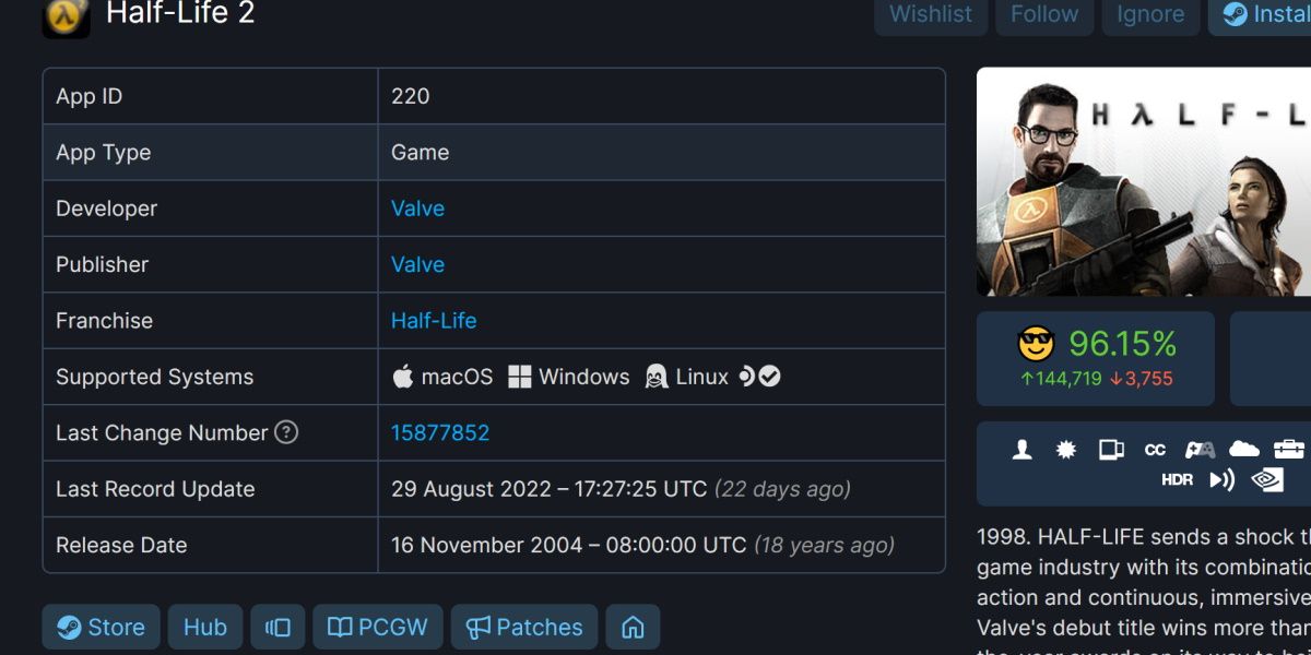 screenshot of half life 2 in steam database