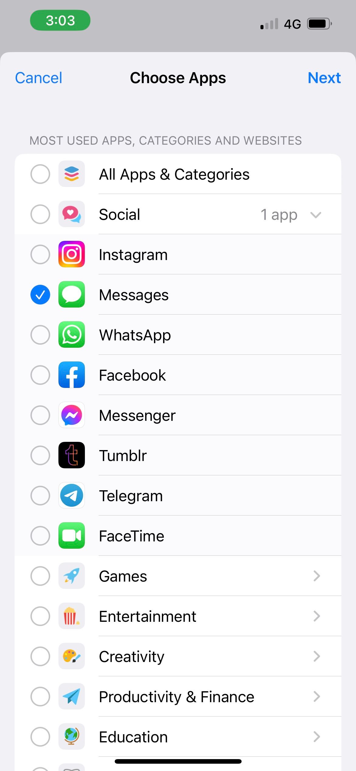 choose apps for iphone screentime 