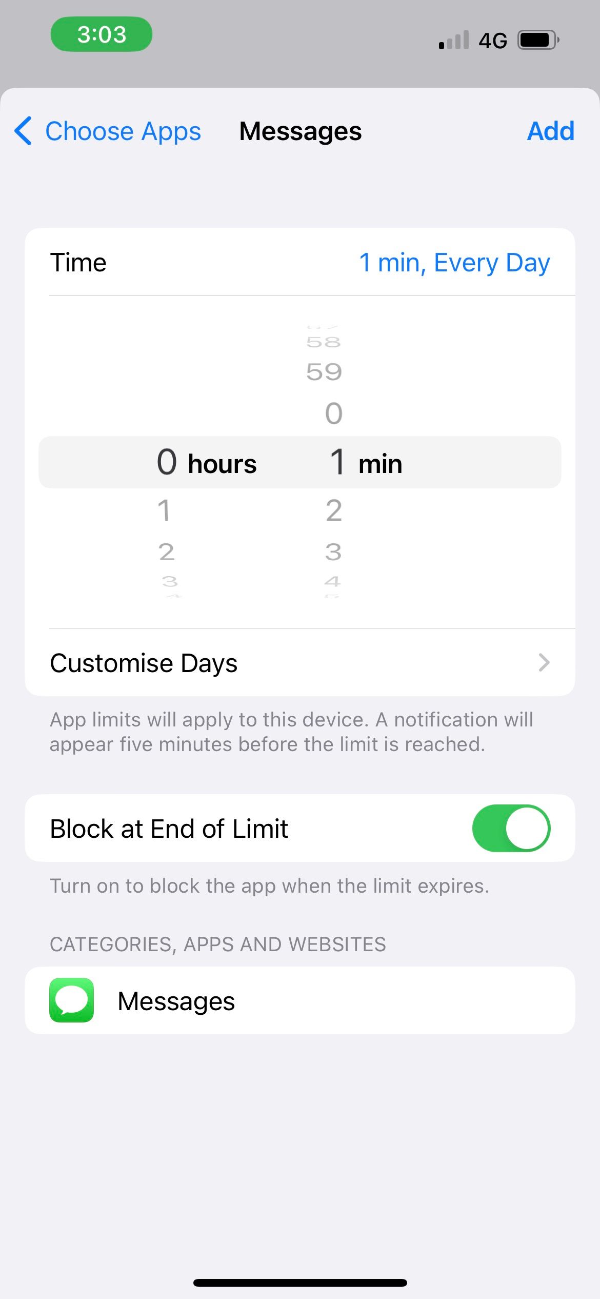 screentime time limit for messages app on iphone