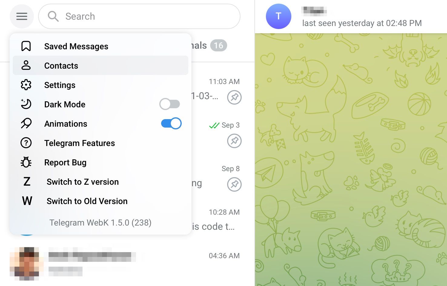 Select Contacts from Hamburger menu on Telegram web