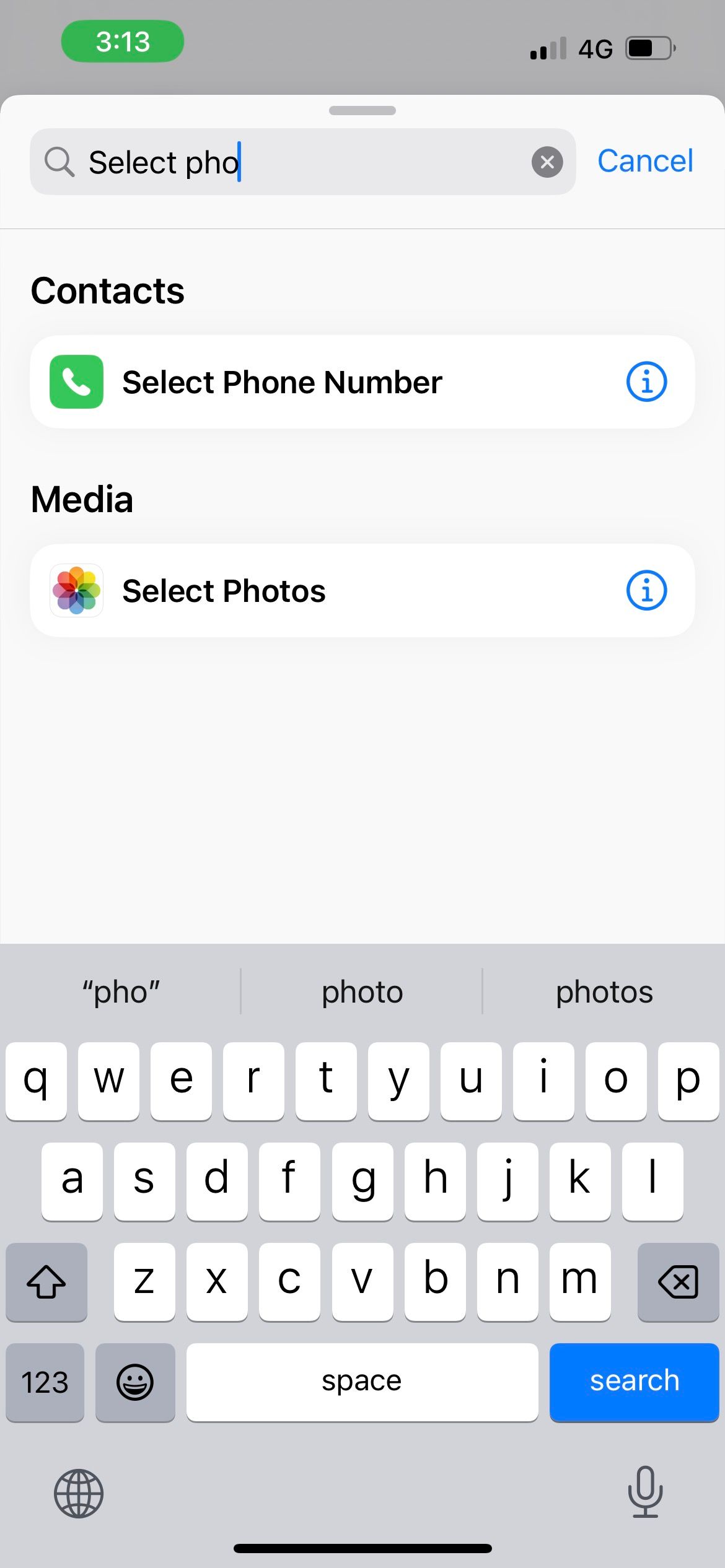 add select photos action to iphone shortcut 