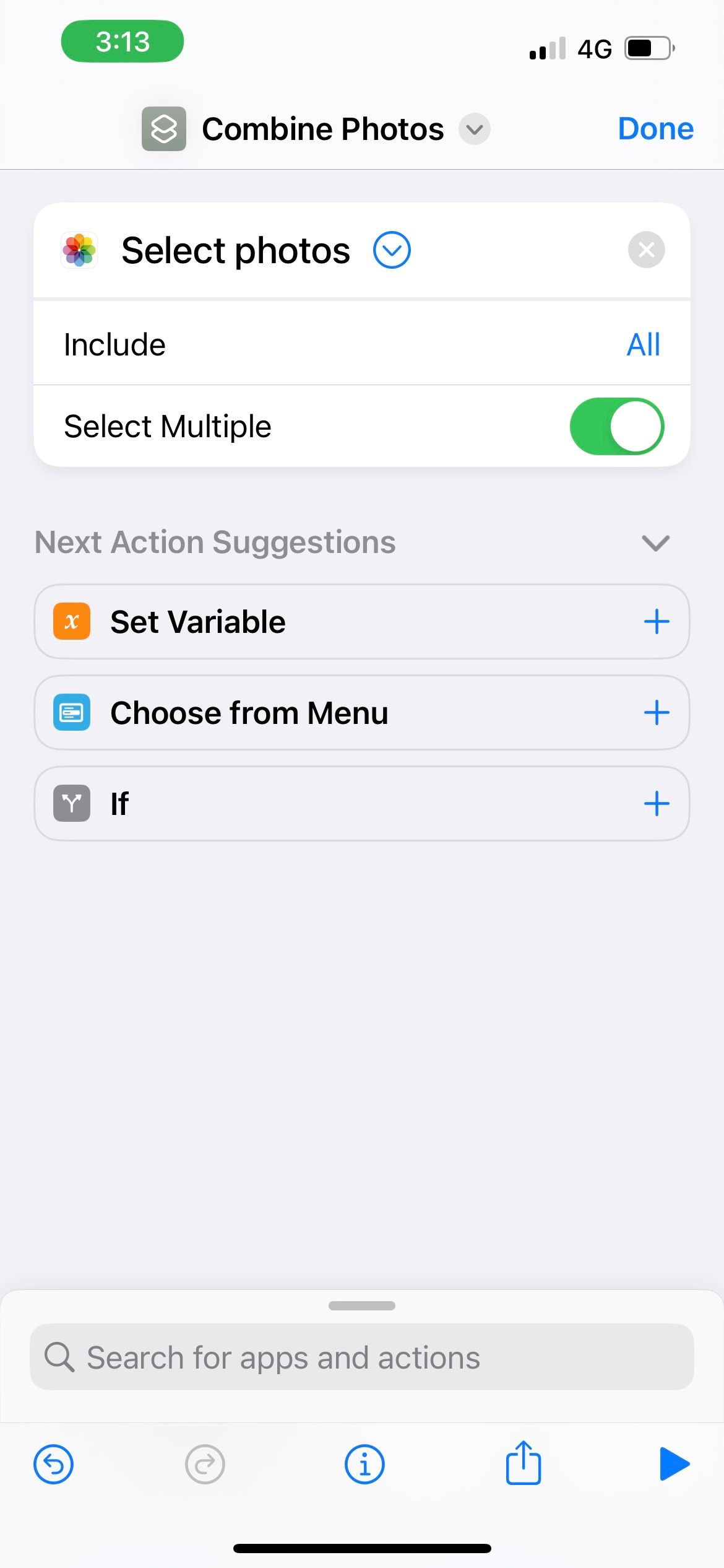 toggle on select multiple in select photos action in iphone shortcut 