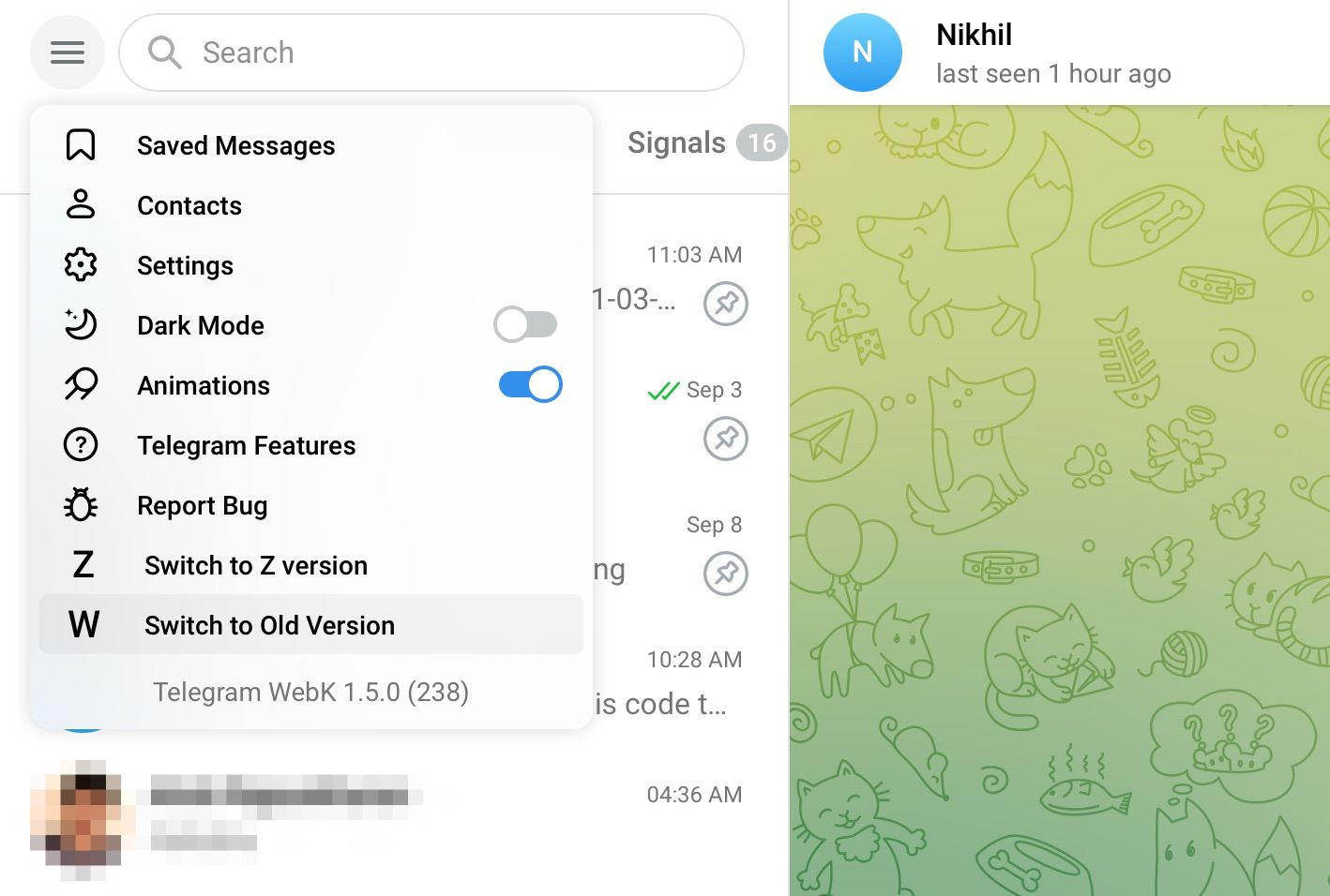 Select Switch to Old Version option from menu on Telegram web