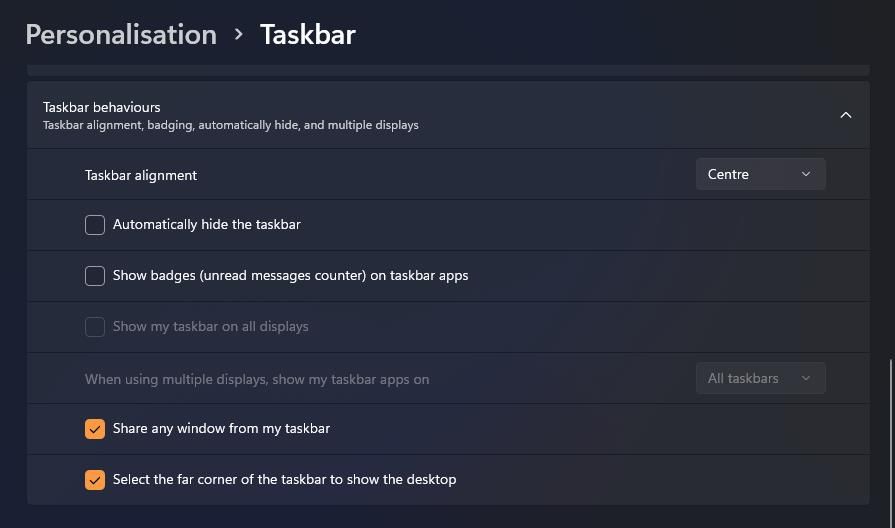The Select the far corner of the taskbar to show the desktop option 