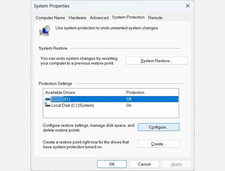 selecting a drive in system properties