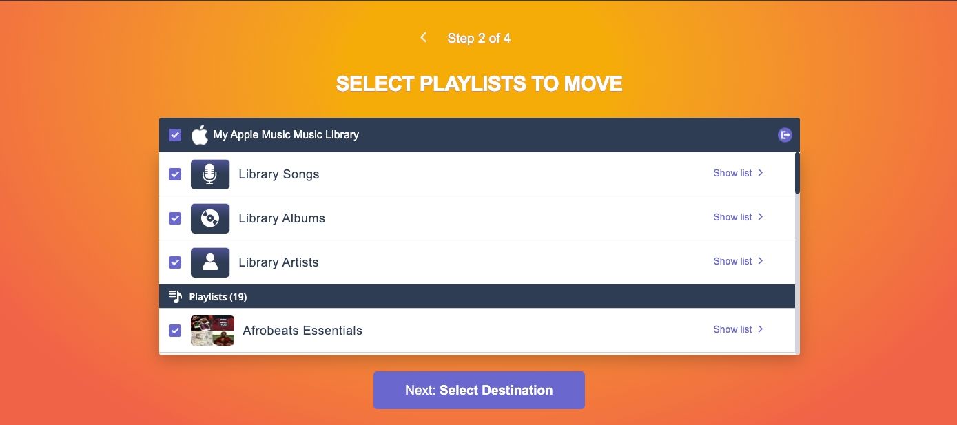 Choosing music to transfer from Apple Music