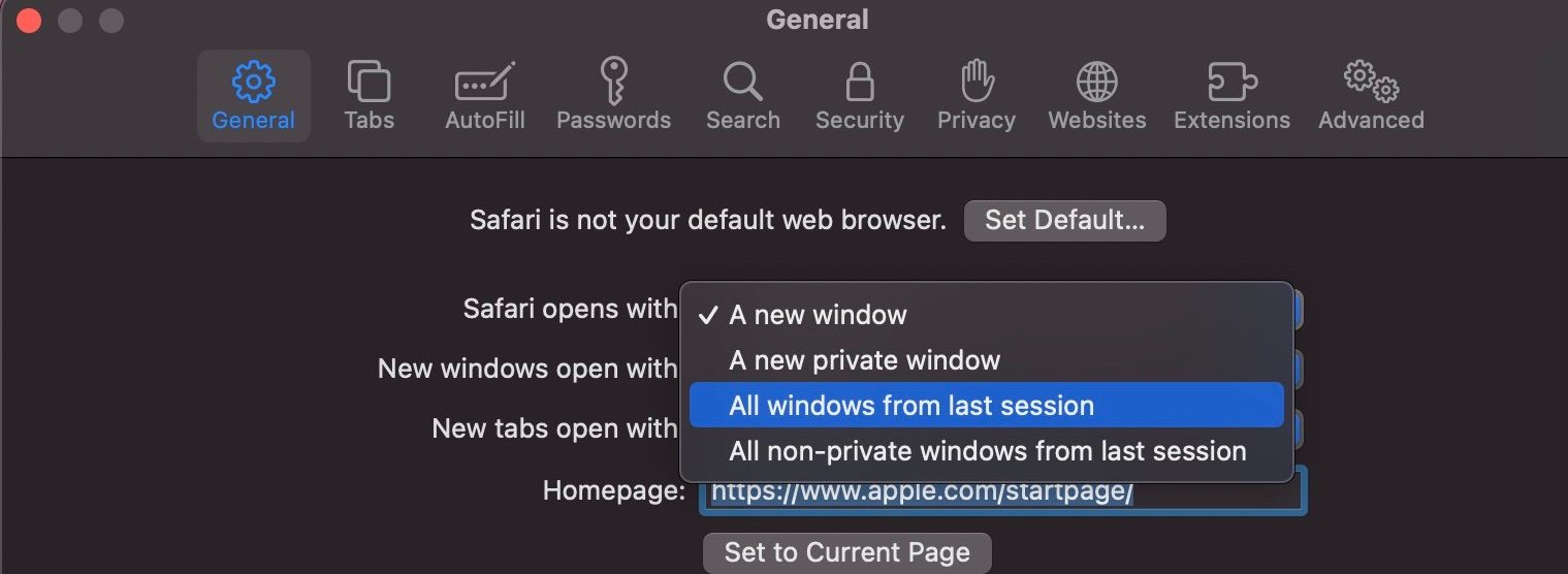 showing options on the Safari opens with menu on Mac