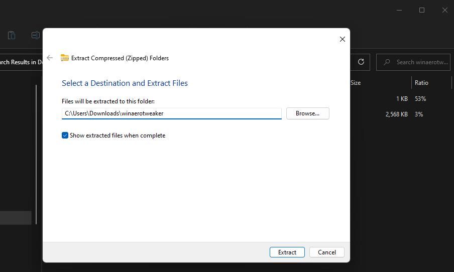 The Show extracted files when complete option 