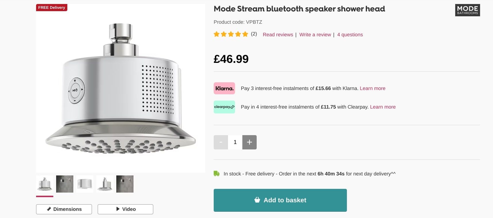 product page screenshot of shower head speakers