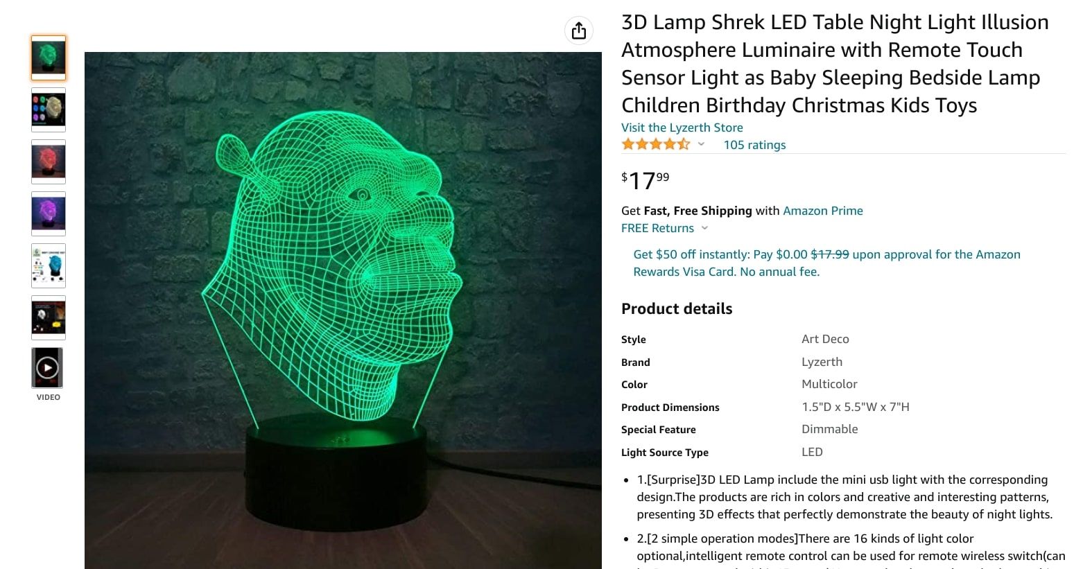 amazon shrek lamp product page screenshot