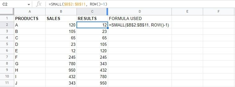 Using the ROW function with SMALL