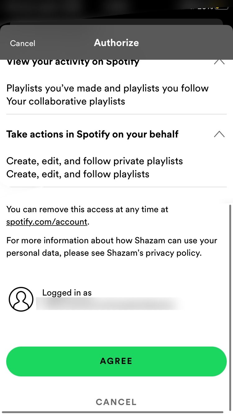 spotify authorize prompt on shazam mobile app