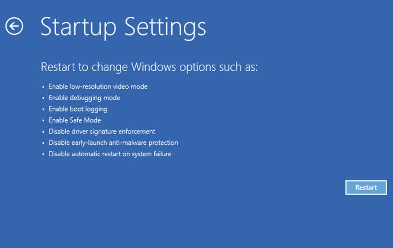 Startup settings in Windows