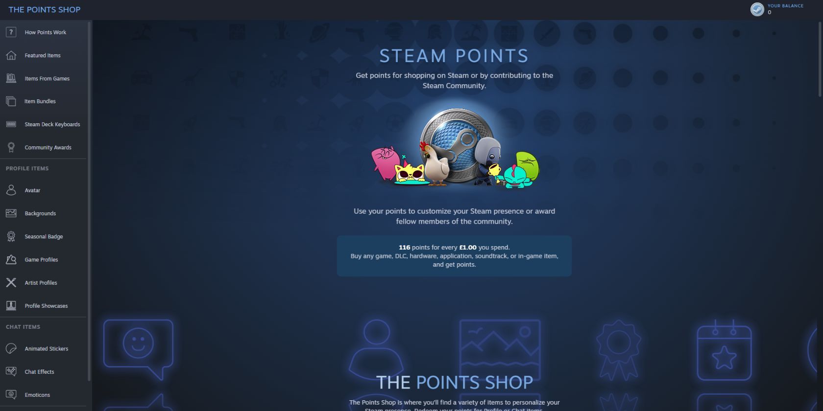 The homepage of the Steam Points Shop