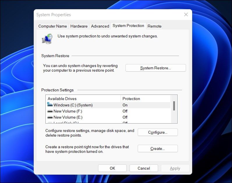 system properties system protection configure protection settings
