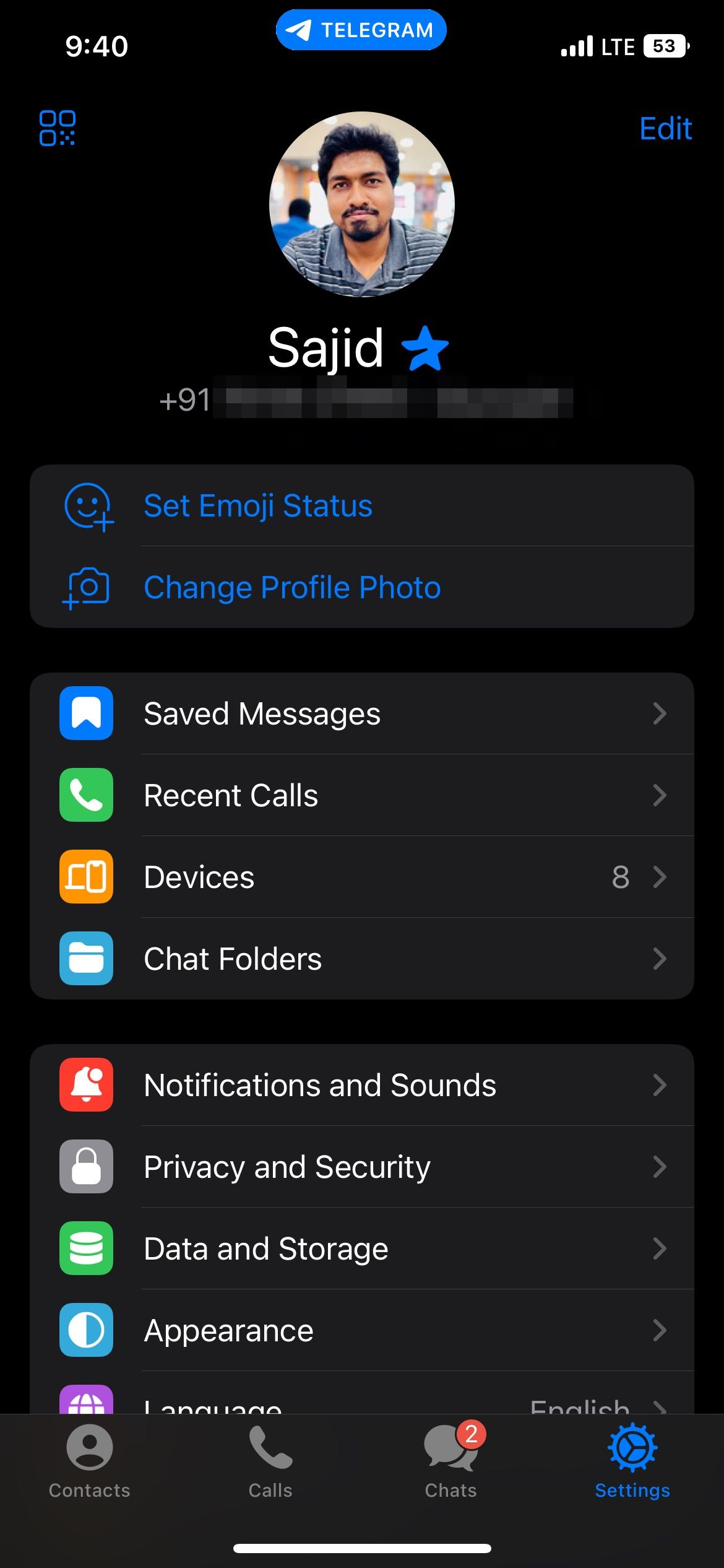 Telegram app settings on iOS