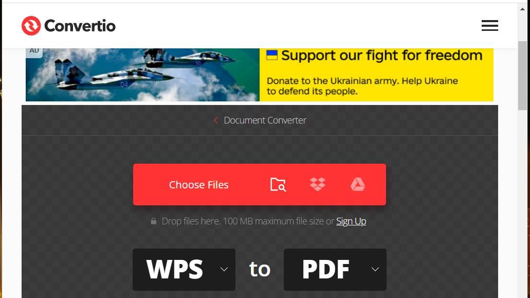 The WPS to PDF converters Choose Files button 