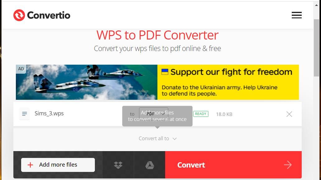 The Convertio web app's Convert button 