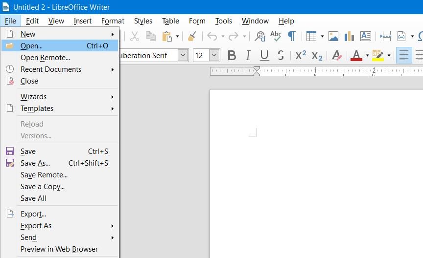 LibreOffice's File menu 
