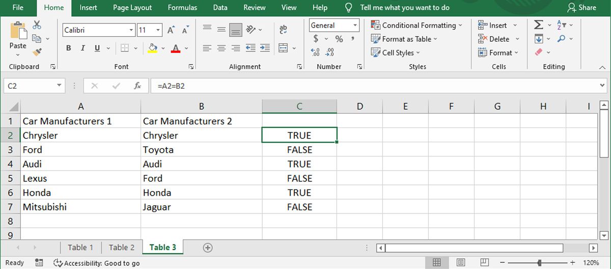 Bandingkan dua kolom di Excel