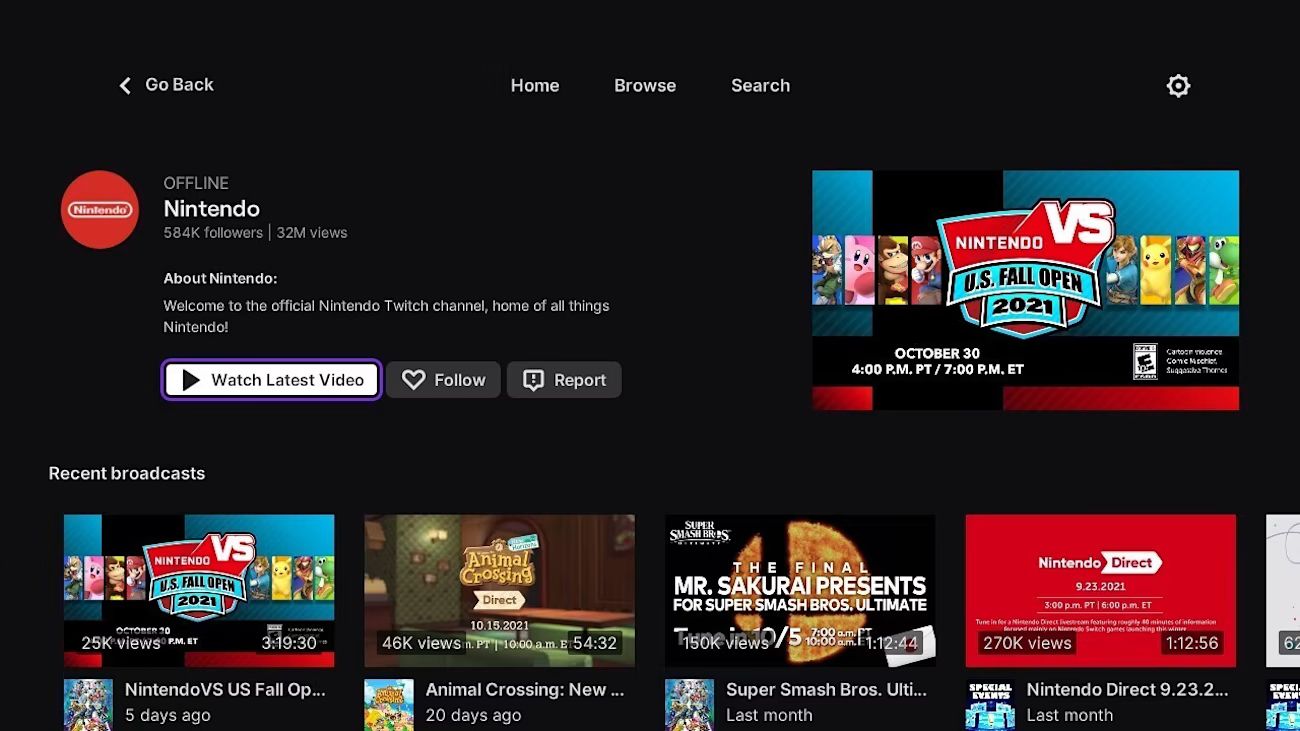 twitch channel page on nintendo switch