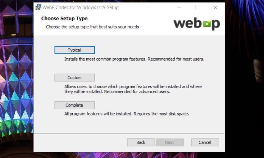 The Typical installation option for WebP Codec