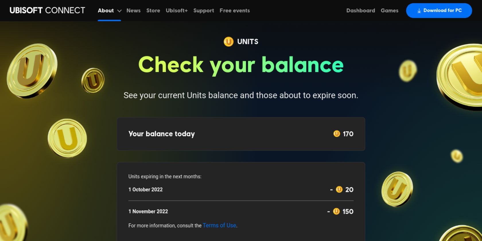 The Ubisoft Connect Points page allowing the user to check their balance