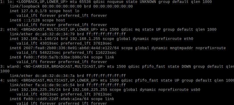 ip -a نتایجی که برای دستگاه متصل usb0 نشان می دهد