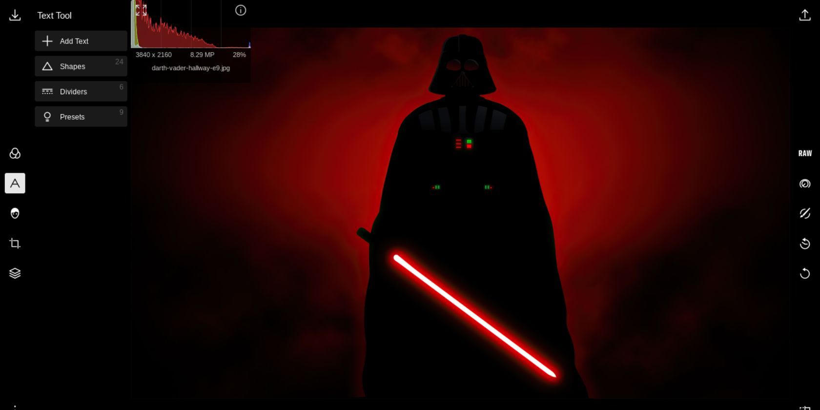 An image of Vader on the image editing platform Polarr