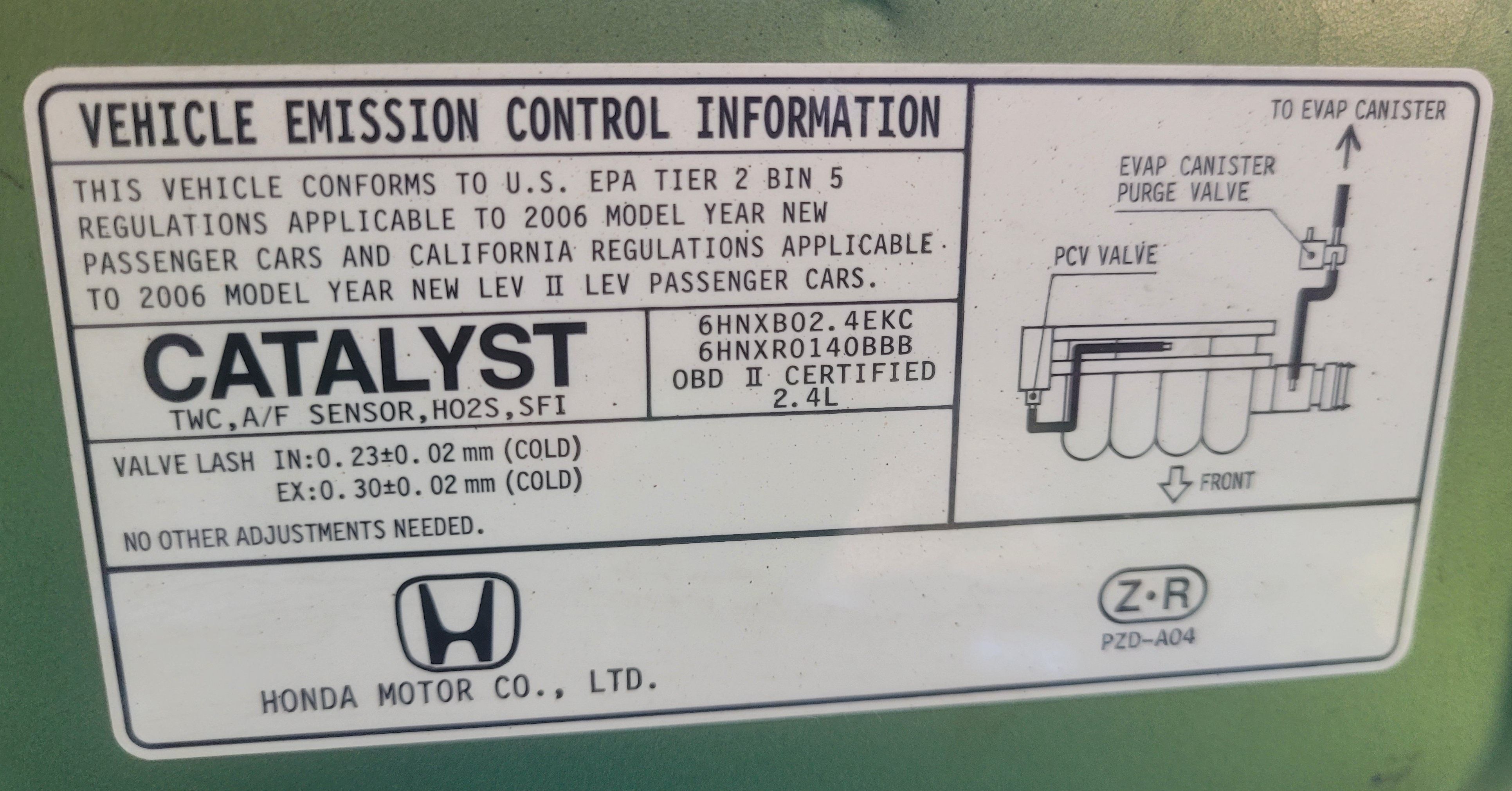 A Vehicle Emission Control Information label for a Honda