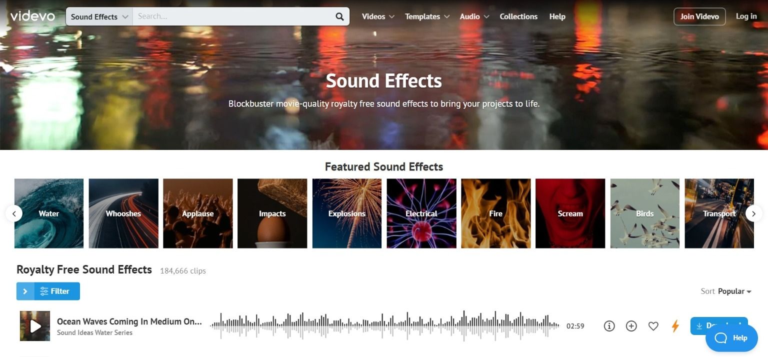 Videvo sound effects page