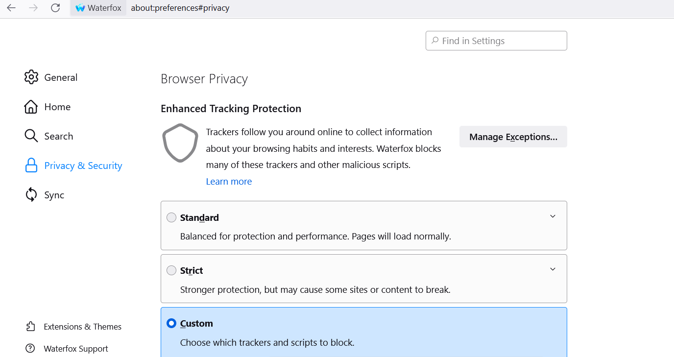 Screenshot of the privacy and security menu in Waterfox