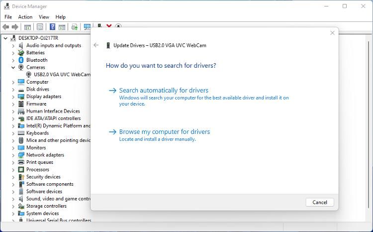 Updating webcam drivers in device manager