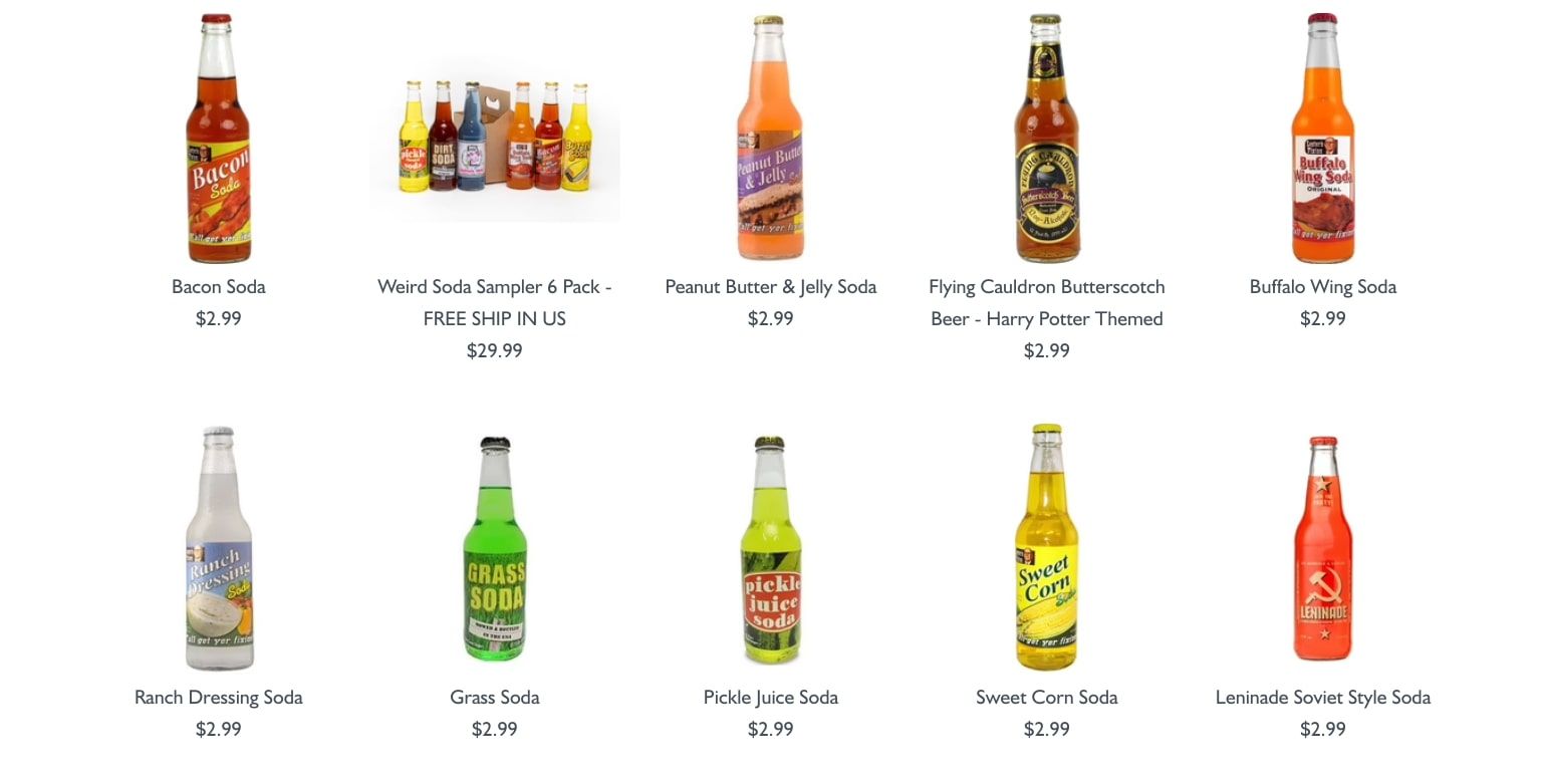 website product list of sodas screenshot