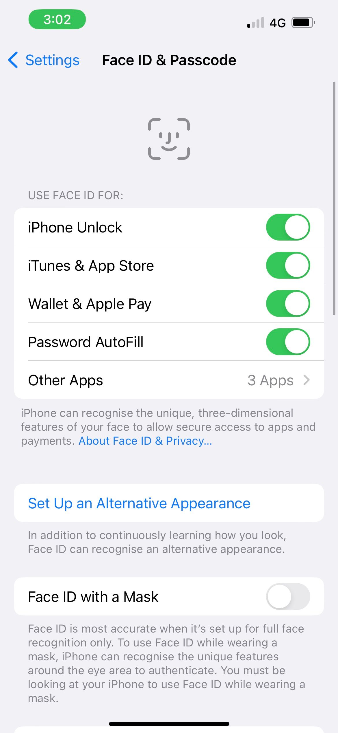 face id settings on iphone