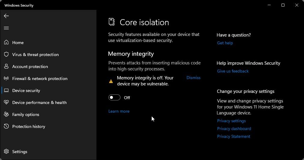 windows 11 core isolation memory integrity off
