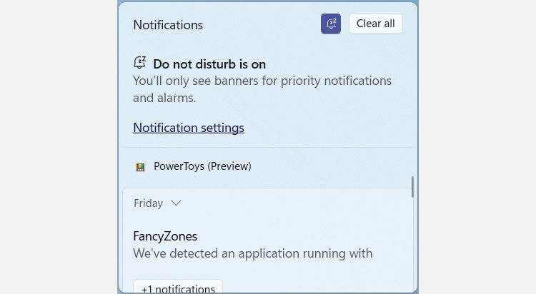 windows 11 notification center with do not disturb mode on