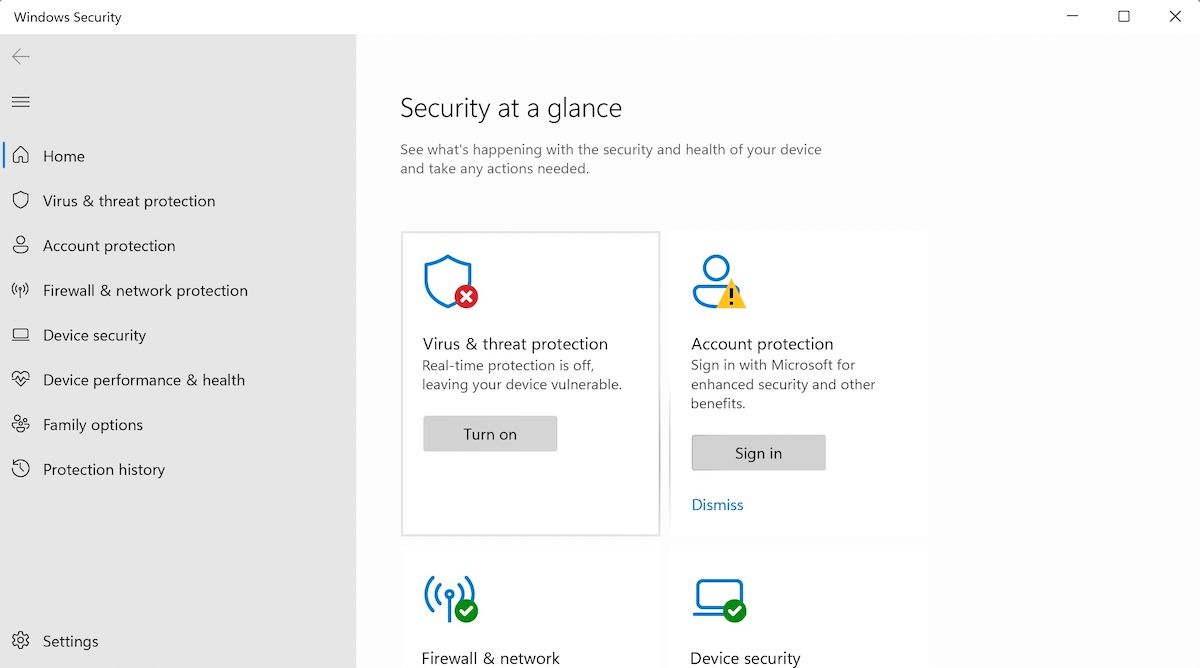 security at glance menu in windows security settings