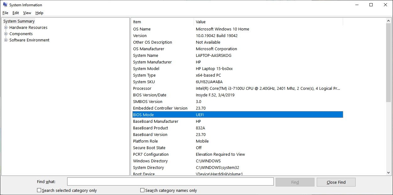 windows system information dialog box, with bios mode highlighted
