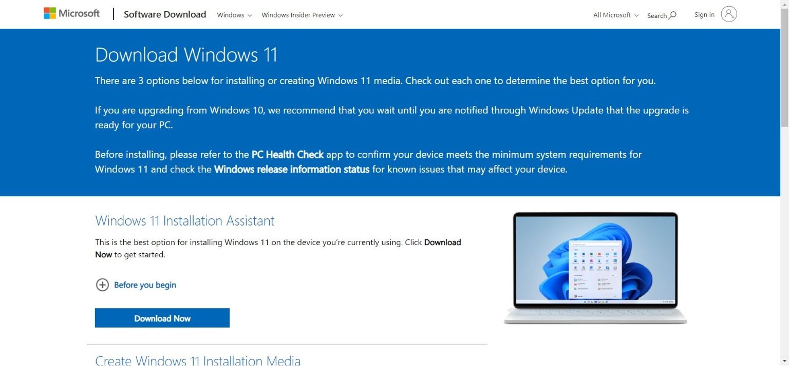 Página de descarga de Windows 11