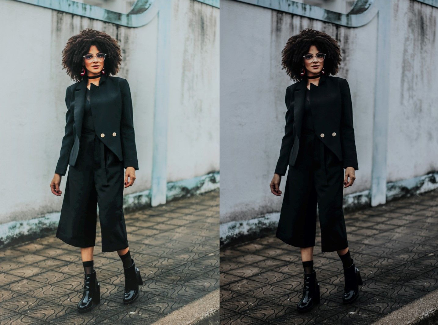 Pre and Post Edit of Woman in Black Outfit Walking on Sidewalk