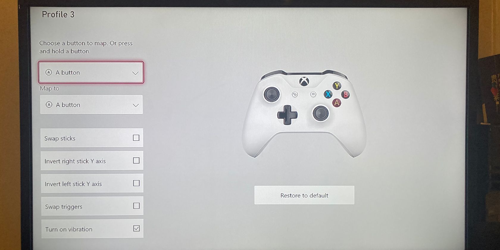 The button mapping page for the controller on the Xbox One Xbox Accessories app