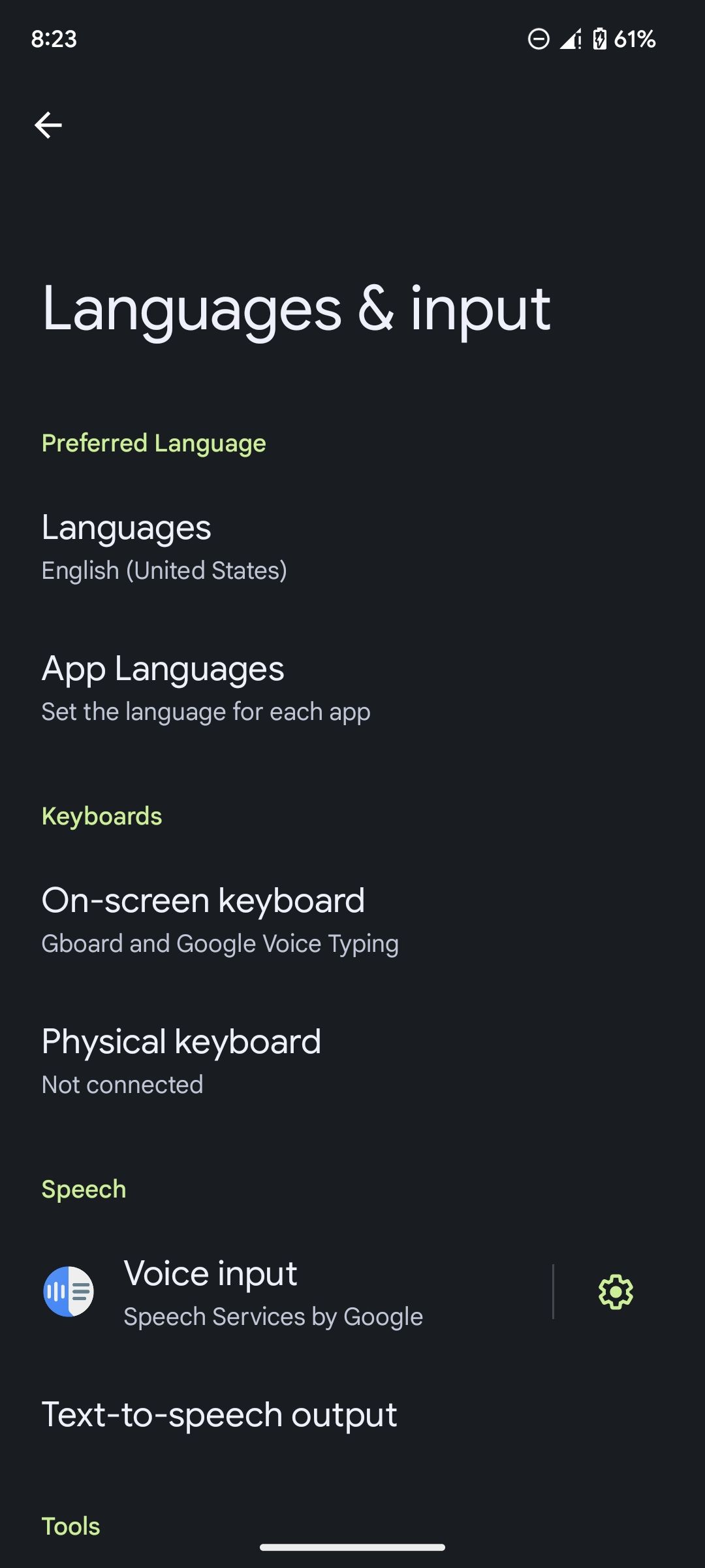 Languages and input page on Android