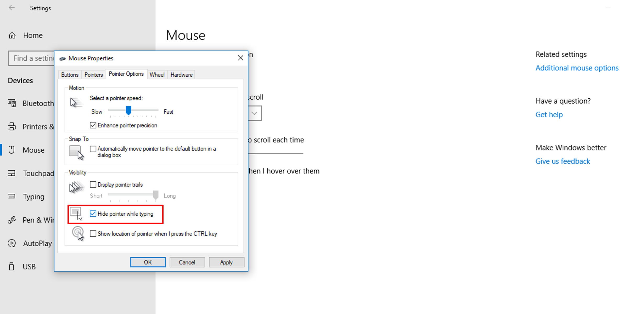 Settings to hide mouse pointer when typing