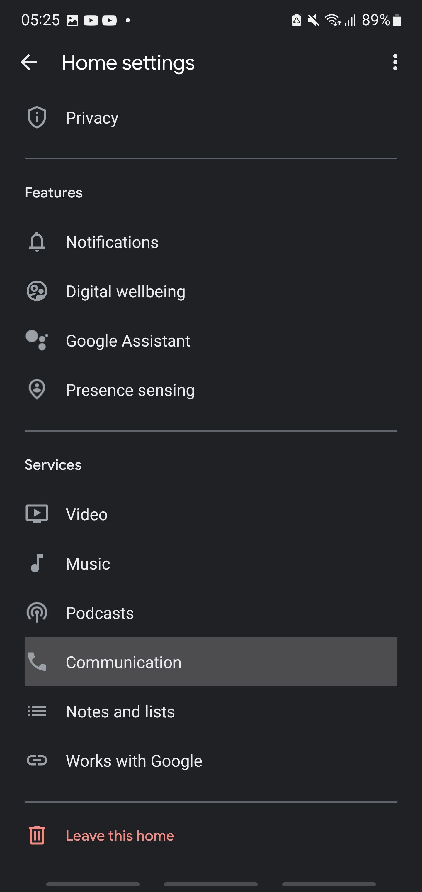 Google Home app settings communication