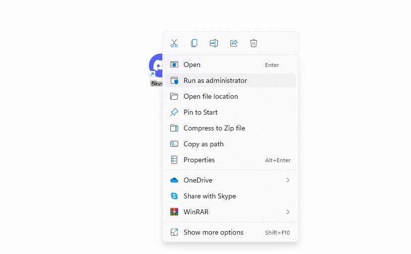 Clicking on the Run as Administrator Option by Right-clicking on the Discord App on Windows