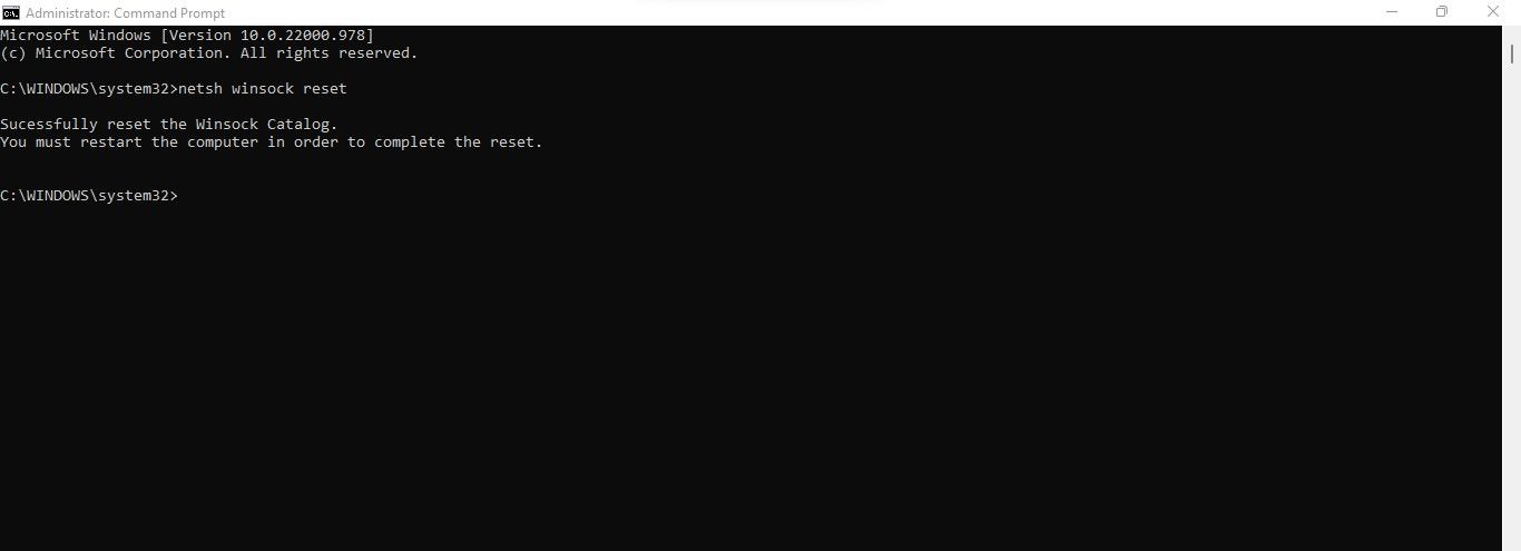Resetting Winsock by Running the Command in Command Prompt App on Windows