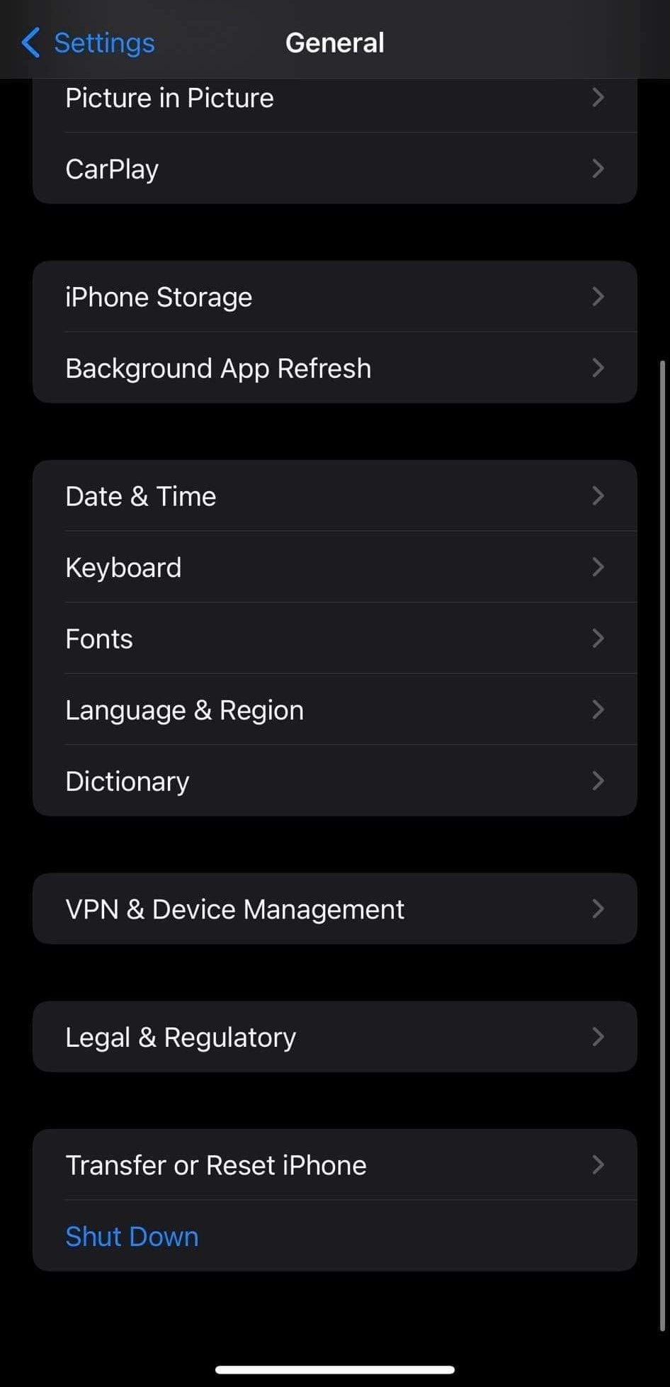 Going to the Language and Region Settings Under General Settings in Settings App for iOS