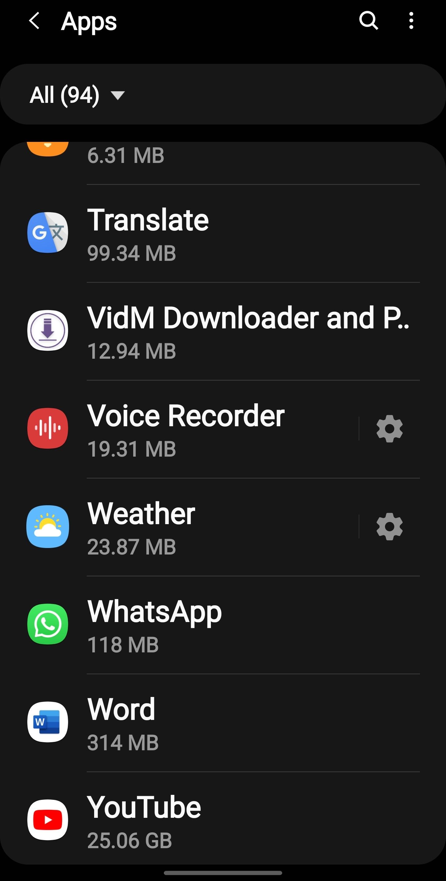 Selecting WhatsApp from the List of Installed Apps in the Settings App for Android